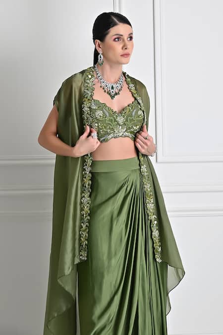 One Knot One By Ashna_Green Silk Satin Sequins, Beads, Floral Border Embroidered Cape Draped Skirt Set _Online_at_Aza_Fashions