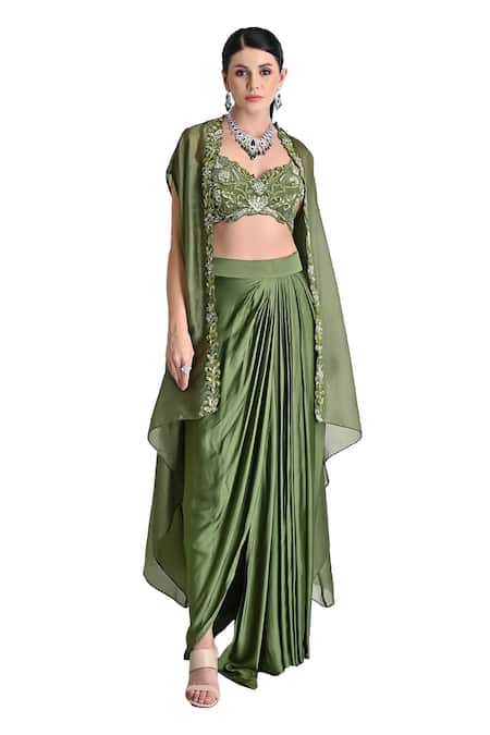 Buy One Knot One By Ashna Green Silk Satin Sequins, Beads, Floral Border Embroidered Cape Draped Skirt Set Online at Aza Fashions Buy_One Knot One By Ashna_Green Silk Satin Sequins, Beads, Floral Border Embroidered Cape Draped Skirt Set _Online_at_Aza_Fashions