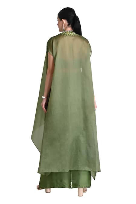 Shop One Knot One By Ashna Green Silk Satin Sequins, Beads, Floral Border Embroidered Cape Draped Skirt Set Online at Aza Fashions Shop_One Knot One By Ashna_Green Silk Satin Sequins, Beads, Floral Border Embroidered Cape Draped Skirt Set _Online_at_Aza_Fashions