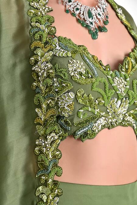 One Knot One By Ashna_Green Silk Satin Sequins, Beads, Floral Border Embroidered Cape Draped Skirt Set _at_Aza_Fashions