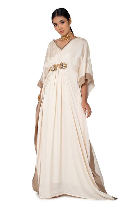 One Knot One By Ashna Ivory Polyester, Satin Beads, Crystals V-neck Zardozi Embellished Kaftan Online at Aza Fashions One Knot One By Ashna_Ivory Polyester, Satin Beads, Crystals V-neck Zardozi Embellished Kaftan _Online_at_Aza_Fashions