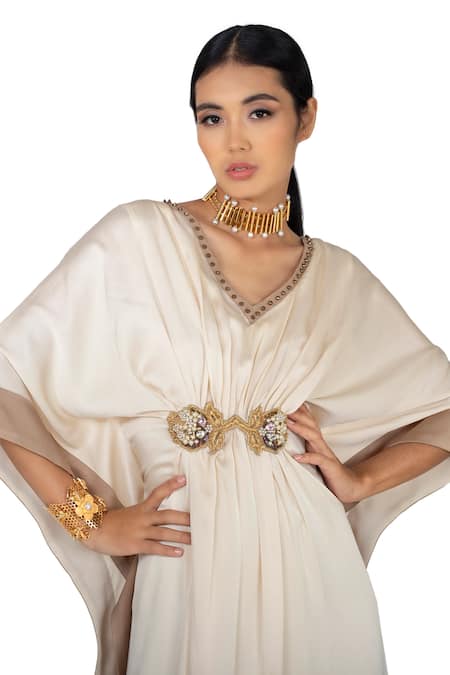 Shop One Knot One By Ashna Ivory Polyester, Satin Beads, Crystals V-neck Zardozi Embellished Kaftan Online at Aza Fashions Shop_One Knot One By Ashna_Ivory Polyester, Satin Beads, Crystals V-neck Zardozi Embellished Kaftan _Online_at_Aza_Fashions