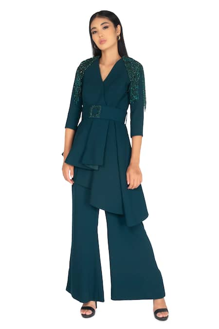 One Knot One By Ashna Green Double Georgette Embroidery Bead Tassel V Neck Blazer Pant Set 