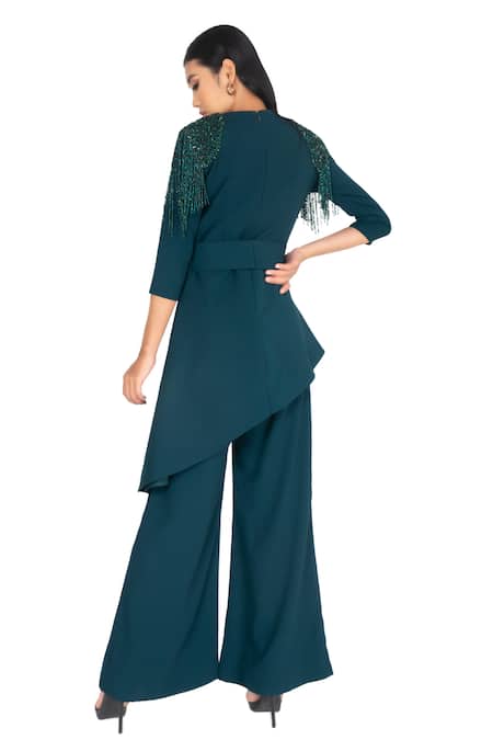 Shop One Knot One By Ashna Green Georgette Beads Tassel Embroidered Blazer Pant Set at Aza Fashions Shop_One Knot One By Ashna_Green Georgette Beads Tassel Embroidered Blazer Pant Set _at_Aza_Fashions