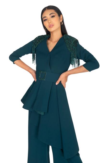 Buy One Knot One By Ashna Green Georgette Beads Tassel Embroidered Blazer Pant Set Online at Aza Fashions Buy_One Knot One By Ashna_Green Georgette Beads Tassel Embroidered Blazer Pant Set _Online_at_Aza_Fashions