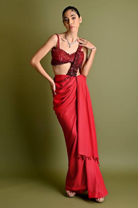 One Knot One By Ashna_Red Georgette Sequins, Beads Embroidered Pre-stitched Saree With Blouse _Online_at_Aza_Fashions