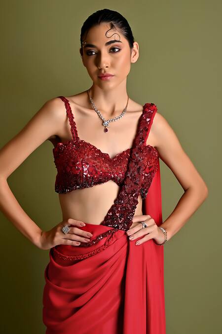 Buy_One Knot One By Ashna_Red Georgette Sequins, Beads Embroidered Pre-stitched Saree With Blouse _Online_at_Aza_Fashions