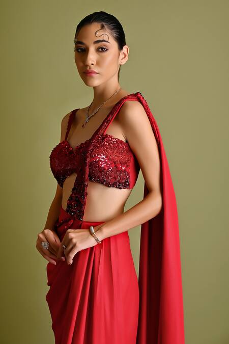 Shop_One Knot One By Ashna_Red Georgette Sequins, Beads Embroidered Pre-stitched Saree With Blouse _Online_at_Aza_Fashions