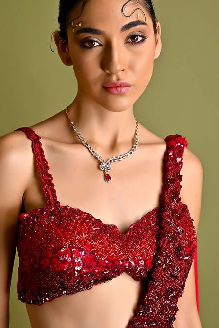 Buy_One Knot One By Ashna_Red Georgette Sequins, Beads Embroidered Pre-stitched Saree With Blouse 