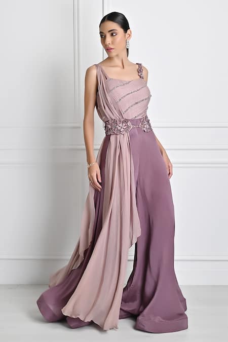 One Knot One Purple Chinon Chiffon Embroidery Sequin V Neck Stripe Jumpsuit