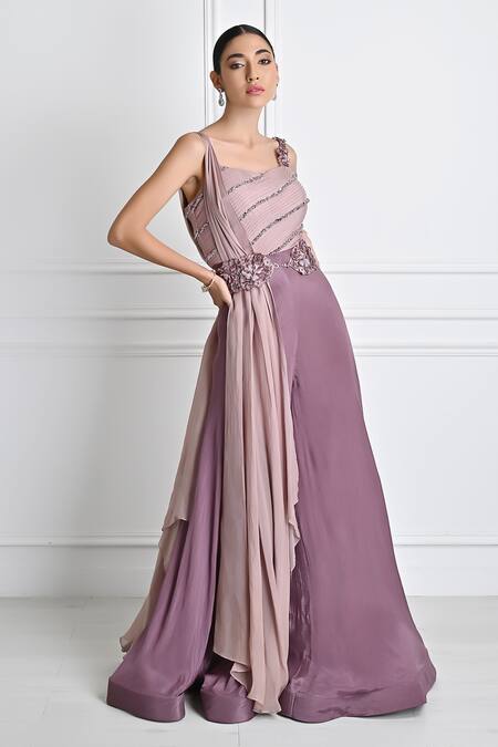 One Knot One By Ashna_Purple Chiffon Sequins, Beads V-neck Stripe Embroidered Jumpsuit _Online_at_Aza_Fashions