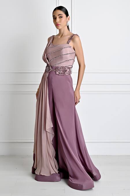 Buy_One Knot One By Ashna_Purple Chiffon Sequins, Beads V-neck Stripe Embroidered Jumpsuit _Online_at_Aza_Fashions