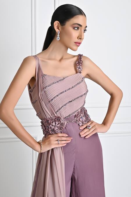 Shop_One Knot One By Ashna_Purple Chiffon Sequins, Beads V-neck Stripe Embroidered Jumpsuit _Online_at_Aza_Fashions
