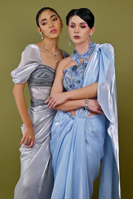 Buy_One Knot One By Ashna_Blue Organza Sequins, Cut Work, Beads Pre-draped Saree With Embroidered Blouse _Online_at_Aza_Fashions