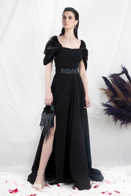 One Knot One By Ashna Black Polyester, Crepe Buckles, Beads Square Neck Draped Sleeve Gown With Belt 