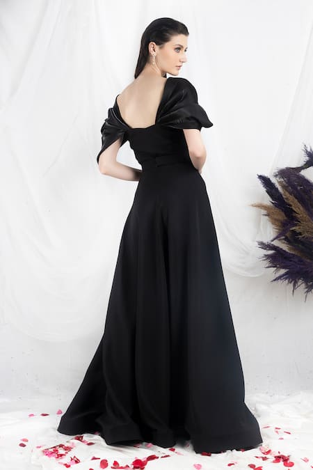 Shop One Knot One By Ashna Black Polyester, Crepe Buckles, Beads Square Neck Draped Sleeve Gown With Belt at Aza Fashions Shop_One Knot One By Ashna_Black Polyester, Crepe Buckles, Beads Square Neck Draped Sleeve Gown With Belt _at_Aza_Fashions