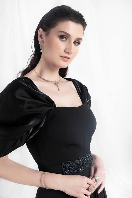 One Knot One By Ashna Black Polyester, Crepe Buckles, Beads Square Neck Draped Sleeve Gown With Belt Online at Aza Fashions One Knot One By Ashna_Black Polyester, Crepe Buckles, Beads Square Neck Draped Sleeve Gown With Belt _Online_at_Aza_Fashions