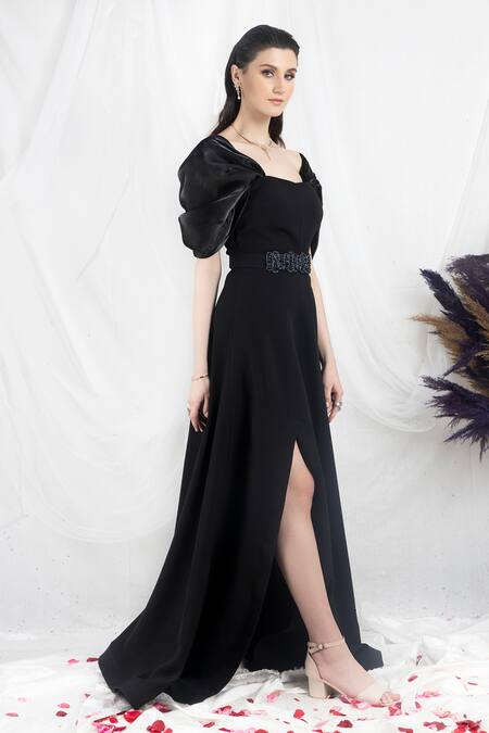 Buy One Knot One By Ashna Black Polyester, Crepe Buckles, Beads Square Neck Draped Sleeve Gown With Belt Online at Aza Fashions Buy_One Knot One By Ashna_Black Polyester, Crepe Buckles, Beads Square Neck Draped Sleeve Gown With Belt _Online_at_Aza_Fashions