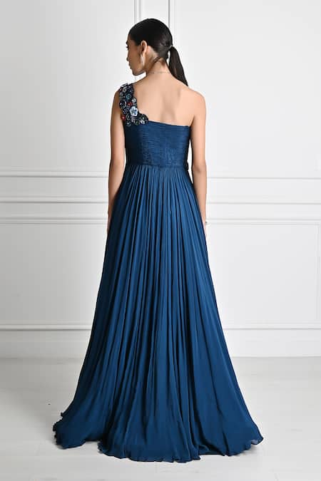 Shop_One Knot One By Ashna_Blue Chiffon Sequins, Beads, Embroidery Square Neck Floral Placement Gown _at_Aza_Fashions