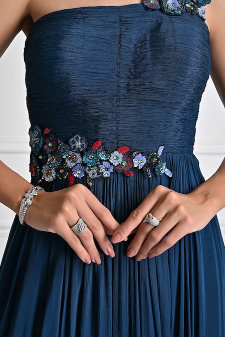 Buy_One Knot One By Ashna_Blue Chiffon Sequins, Beads, Embroidery Square Neck Floral Placement Gown _Online_at_Aza_Fashions