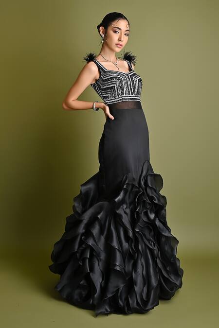 Buy_One Knot One By Ashna_Black Organza, Silk Cut Work, Sequins Square Embroidered Fishcut Ruffle Gown _Online_at_Aza_Fashions