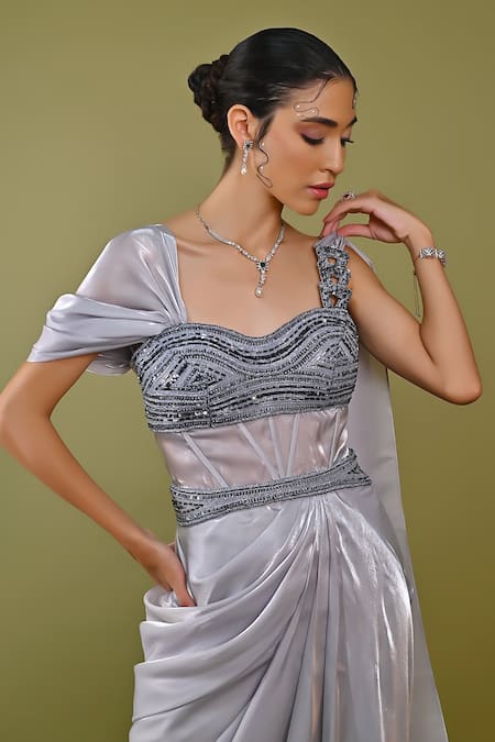 One Knot One By Ashna_Grey Polyester, Organza Cut Work, Sequins Sweetheart Metallic Embroidered Gown _Online_at_Aza_Fashions