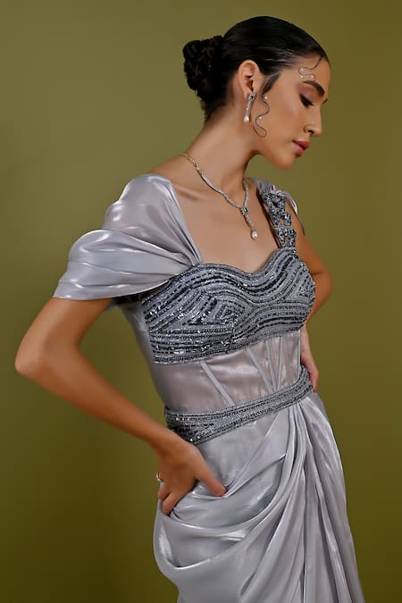 Buy_One Knot One By Ashna_Grey Polyester, Organza Cut Work, Sequins Sweetheart Metallic Embroidered Gown _Online_at_Aza_Fashions