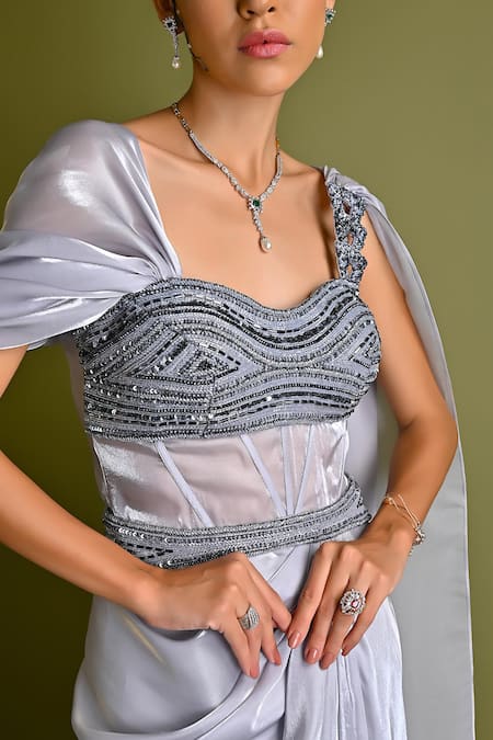 Shop_One Knot One By Ashna_Grey Polyester, Organza Cut Work, Sequins Sweetheart Metallic Embroidered Gown _Online_at_Aza_Fashions