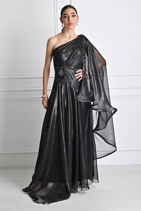 One Knot One Metallic One Shoulder Embroidered Gown 