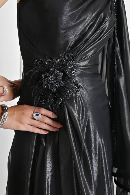 One Knot One By Ashna_Black Organza, Georgette Cut Work, Metallic One Shoulder Embroidered Gown _Online_at_Aza_Fashions