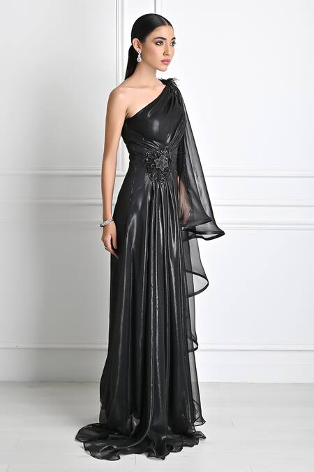 Buy_One Knot One By Ashna_Black Organza, Georgette Cut Work, Metallic One Shoulder Embroidered Gown _Online_at_Aza_Fashions
