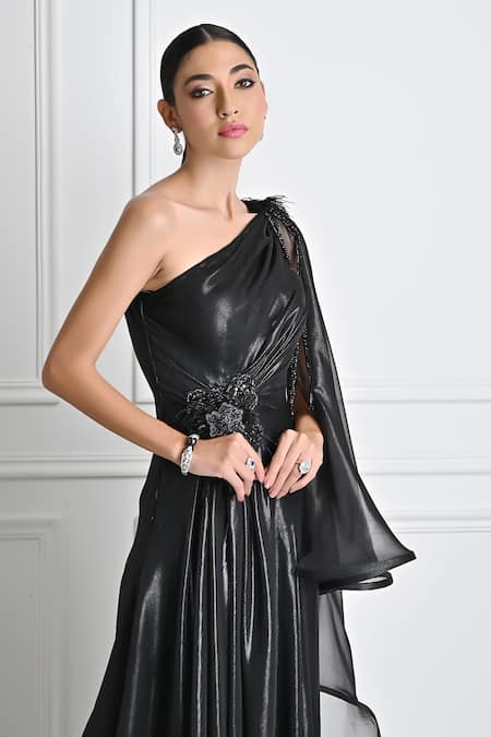 Shop_One Knot One By Ashna_Black Organza, Georgette Cut Work, Metallic One Shoulder Embroidered Gown _Online_at_Aza_Fashions
