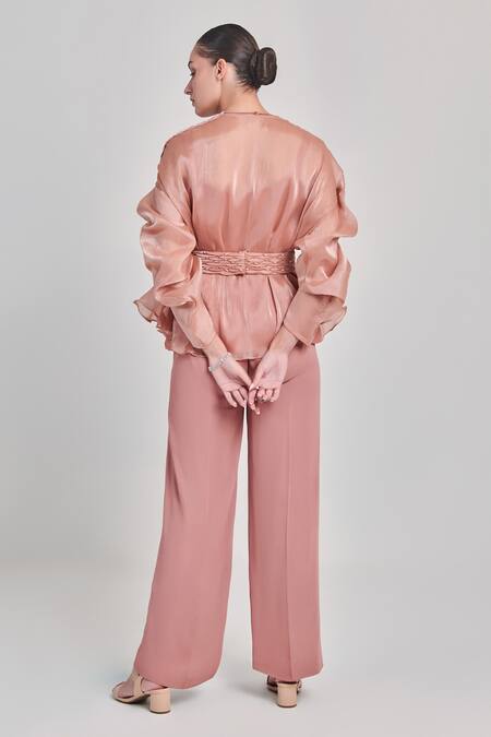 Shop_One Knot One By Ashna_Brown Organza, Georgette Cut Work, Sequins V-neck Top And Pant Set_at_Aza_Fashions