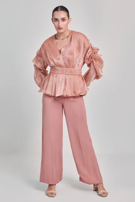 One Knot One By Ashna_Brown Organza, Georgette Cut Work, Sequins V-neck Top And Pant Set_Online_at_Aza_Fashions