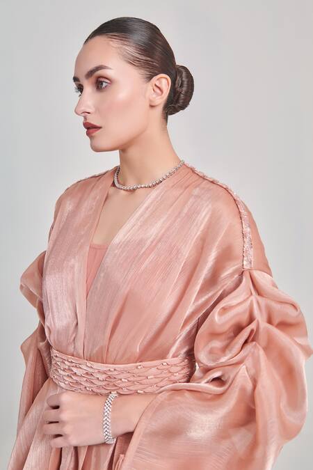 Shop_One Knot One By Ashna_Brown Organza, Georgette Cut Work, Sequins V-neck Top And Pant Set_Online_at_Aza_Fashions