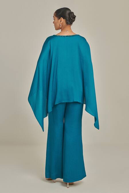 Shop One Knot One By Ashna Blue Crepe, Satin Cut Work, Sequins Neckline Embellished Kaftan And Pant Set at Aza Fashions Shop_One Knot One By Ashna_Blue Crepe, Satin Cut Work, Sequins Neckline Embellished Kaftan And Pant Set _at_Aza_Fashions