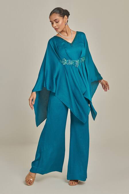 One Knot One By Ashna Blue Crepe, Satin Cut Work, Sequins Neckline Embellished Kaftan And Pant Set Online at Aza Fashions One Knot One By Ashna_Blue Crepe, Satin Cut Work, Sequins Neckline Embellished Kaftan And Pant Set _Online_at_Aza_Fashions