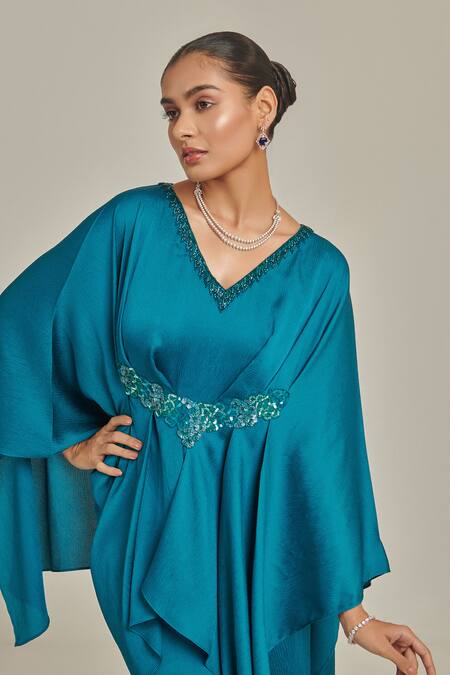 Shop One Knot One By Ashna Blue Crepe, Satin Cut Work, Sequins Neckline Embellished Kaftan And Pant Set Online at Aza Fashions Shop_One Knot One By Ashna_Blue Crepe, Satin Cut Work, Sequins Neckline Embellished Kaftan And Pant Set _Online_at_Aza_Fashions