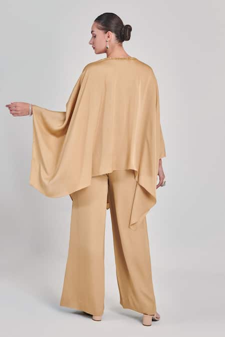 Shop One Knot One By Ashna Gold Crepe, Satin Cut Work, Sequins Textured Embellished Kaftan And Pant Set at Aza Fashions Shop_One Knot One By Ashna_Gold Crepe, Satin Cut Work, Sequins Textured Embellished Kaftan And Pant Set _at_Aza_Fashions