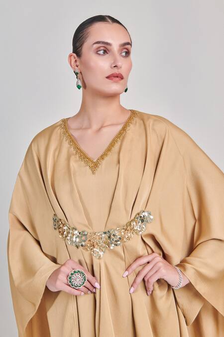 Shop One Knot One By Ashna Gold Crepe, Satin Cut Work, Sequins Textured Embellished Kaftan And Pant Set Online at Aza Fashions Shop_One Knot One By Ashna_Gold Crepe, Satin Cut Work, Sequins Textured Embellished Kaftan And Pant Set _Online_at_Aza_Fashions