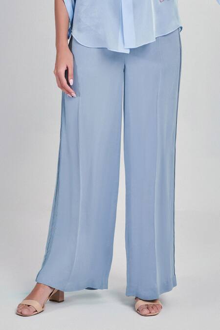 One Knot One By Ashna_Blue Georgette, Organza Beads, Floral Placement Embroidered Shirt And Pant Set_Online_at_Aza_Fashions