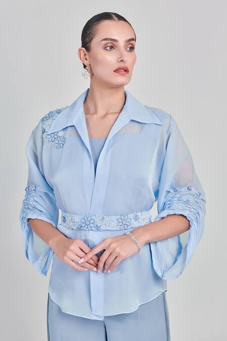 Shop_One Knot One By Ashna_Blue Georgette, Organza Beads, Floral Placement Embroidered Shirt And Pant Set_Online_at_Aza_Fashions
