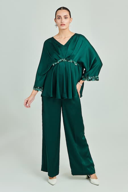 One Knot One By Ashna Emerald Green Hammer Satin Embroidery Sequin V Neck Placement Top And Pant Set 