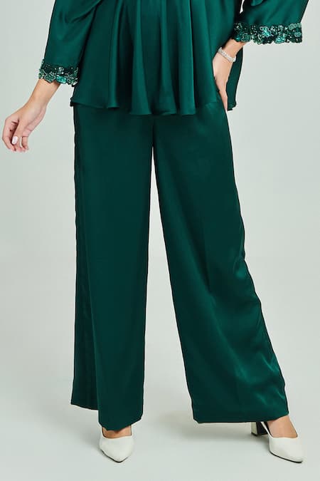 One Knot One By Ashna Emerald Green Satin Sequins, Beads V-neck Placement Embroidered Top And Pant Set Online at Aza Fashions One Knot One By Ashna_Emerald Green Satin Sequins, Beads V-neck Placement Embroidered Top And Pant Set _Online_at_Aza_Fashions