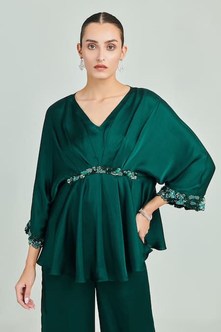 Buy One Knot One By Ashna Emerald Green Satin Sequins, Beads V-neck Placement Embroidered Top And Pant Set Online at Aza Fashions Buy_One Knot One By Ashna_Emerald Green Satin Sequins, Beads V-neck Placement Embroidered Top And Pant Set _Online_at_Aza_Fashions