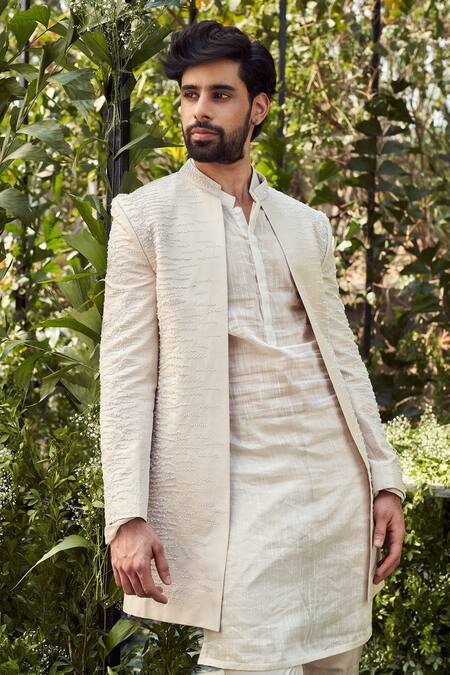 Varun Chakkilam White Tulle Silk And Organza Embroidery Geometric Jacket Kurta Set Online at Aza Fashions Varun Chakkilam_White Tulle Silk And Organza Embroidery Geometric Jacket Kurta Set _Online_at_Aza_Fashions