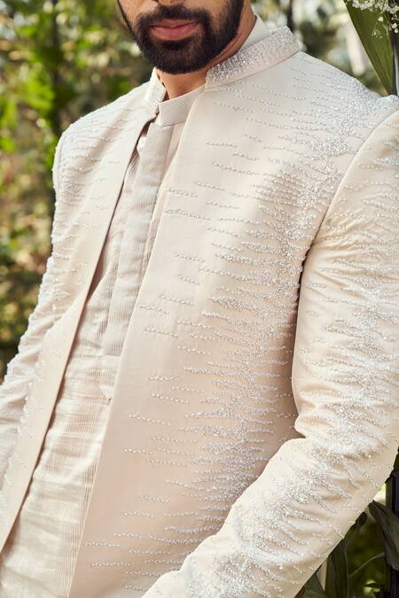 Buy Varun Chakkilam White Tulle Silk And Organza Embroidery Geometric Jacket Kurta Set Online at Aza Fashions Buy_Varun Chakkilam_White Tulle Silk And Organza Embroidery Geometric Jacket Kurta Set _Online_at_Aza_Fashions