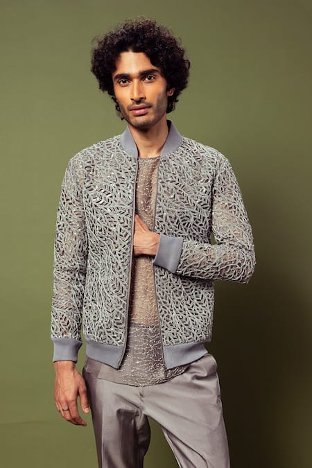 Shop Varun Chakkilam Grey Organza And Tulle Silk Embroidery Leaf Cutwork Bomber Jacket Pant Set at Aza Fashions Shop_Varun Chakkilam_Grey Organza And Tulle Silk Embroidery Leaf Cutwork Bomber Jacket Pant Set _at_Aza_Fashions