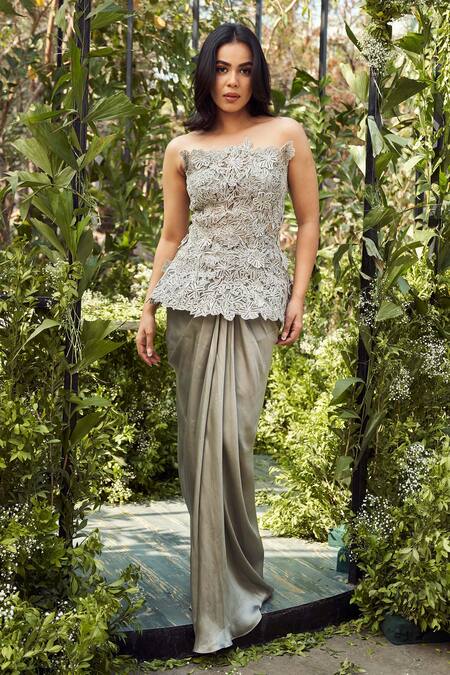 Buy Varun Chakkilam Grey Organza, Satin Crystals, Embroidery Floral Cutwork Peplum Tunic With Skirt Online at Aza Fashions Buy_Varun Chakkilam_Grey Organza, Satin Crystals, Embroidery Floral Cutwork Peplum Tunic With Skirt _Online_at_Aza_Fashions