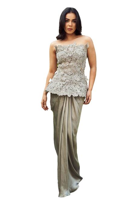 Shop Varun Chakkilam Grey Organza, Satin Crystals, Embroidery Floral Cutwork Peplum Tunic With Skirt Online at Aza Fashions Shop_Varun Chakkilam_Grey Organza, Satin Crystals, Embroidery Floral Cutwork Peplum Tunic With Skirt _Online_at_Aza_Fashions